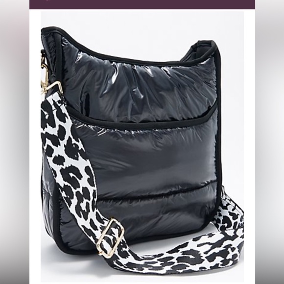 Ahdorned Handbags - Sleek Black Puffer Crossbody Bag with Leopard Strap